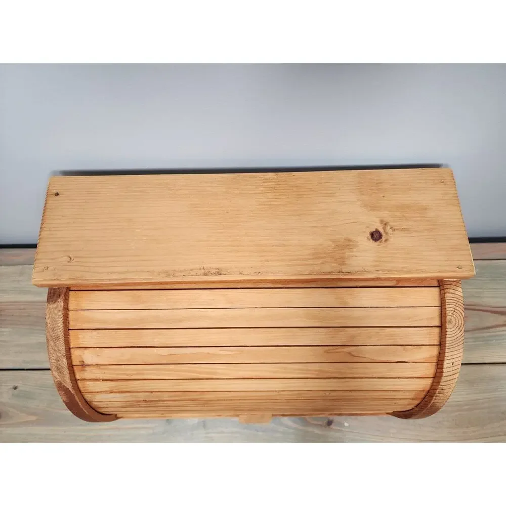 Rustic Farmhouse wooden roll top bread box classic slatted tambour door